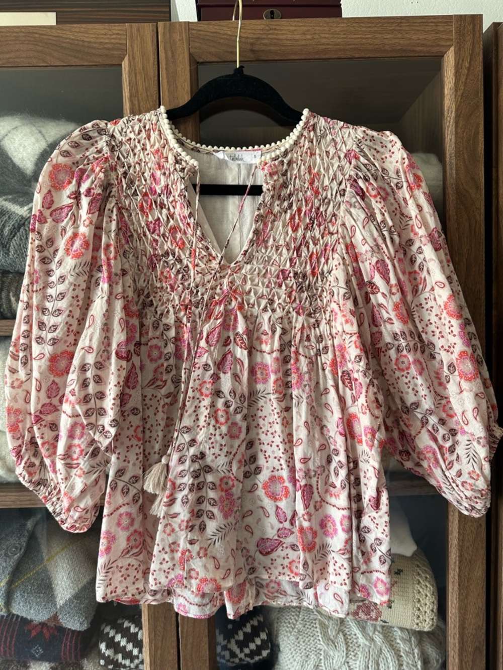 TALULAH Cream Floral Smocked Peasant Blouse with Pink Accents